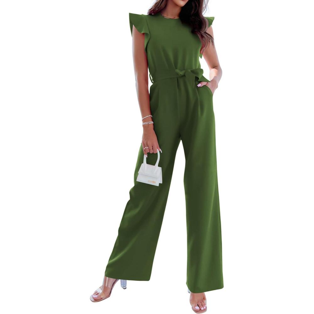 imageBTFBM Women Jumpsuits Crew Neck Ruffle Cap Sleeve Belted High Waist Wide Leg Romper with Pockets One Piece Casual OutfitsArmy Green