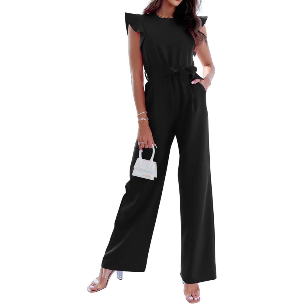 imageBTFBM Women Jumpsuits Crew Neck Ruffle Cap Sleeve Belted High Waist Wide Leg Romper with Pockets One Piece Casual OutfitsBlack