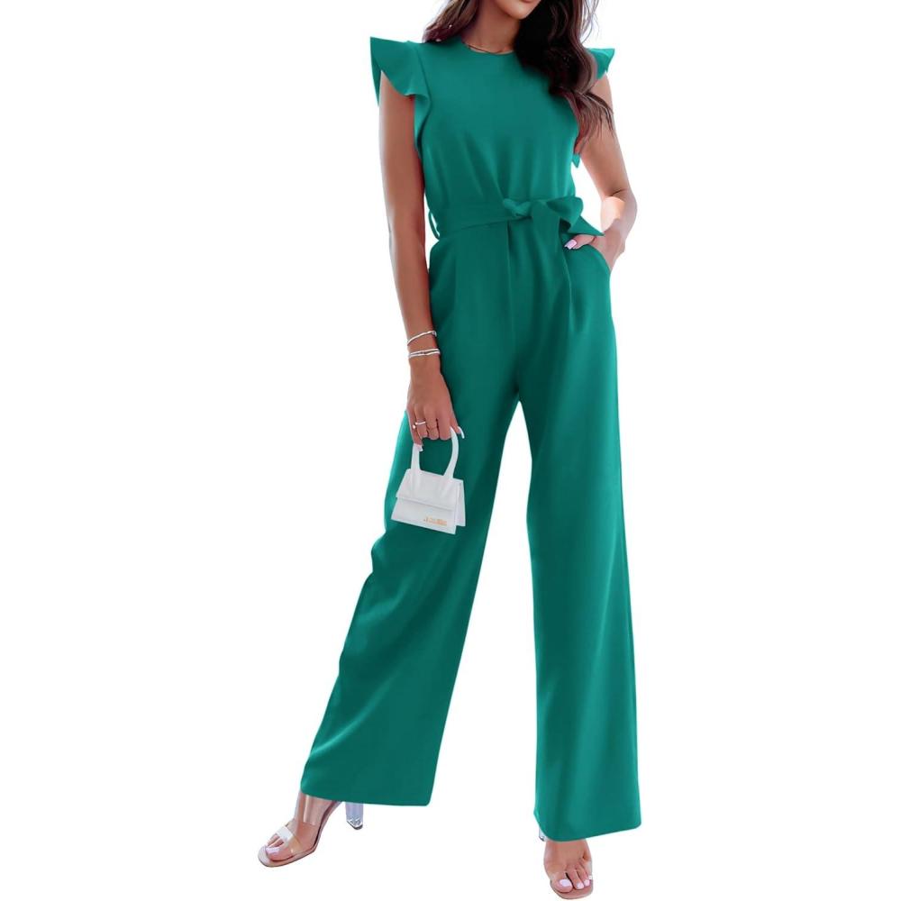 imageBTFBM Women Jumpsuits Crew Neck Ruffle Cap Sleeve Belted High Waist Wide Leg Romper with Pockets One Piece Casual OutfitsBlue Green