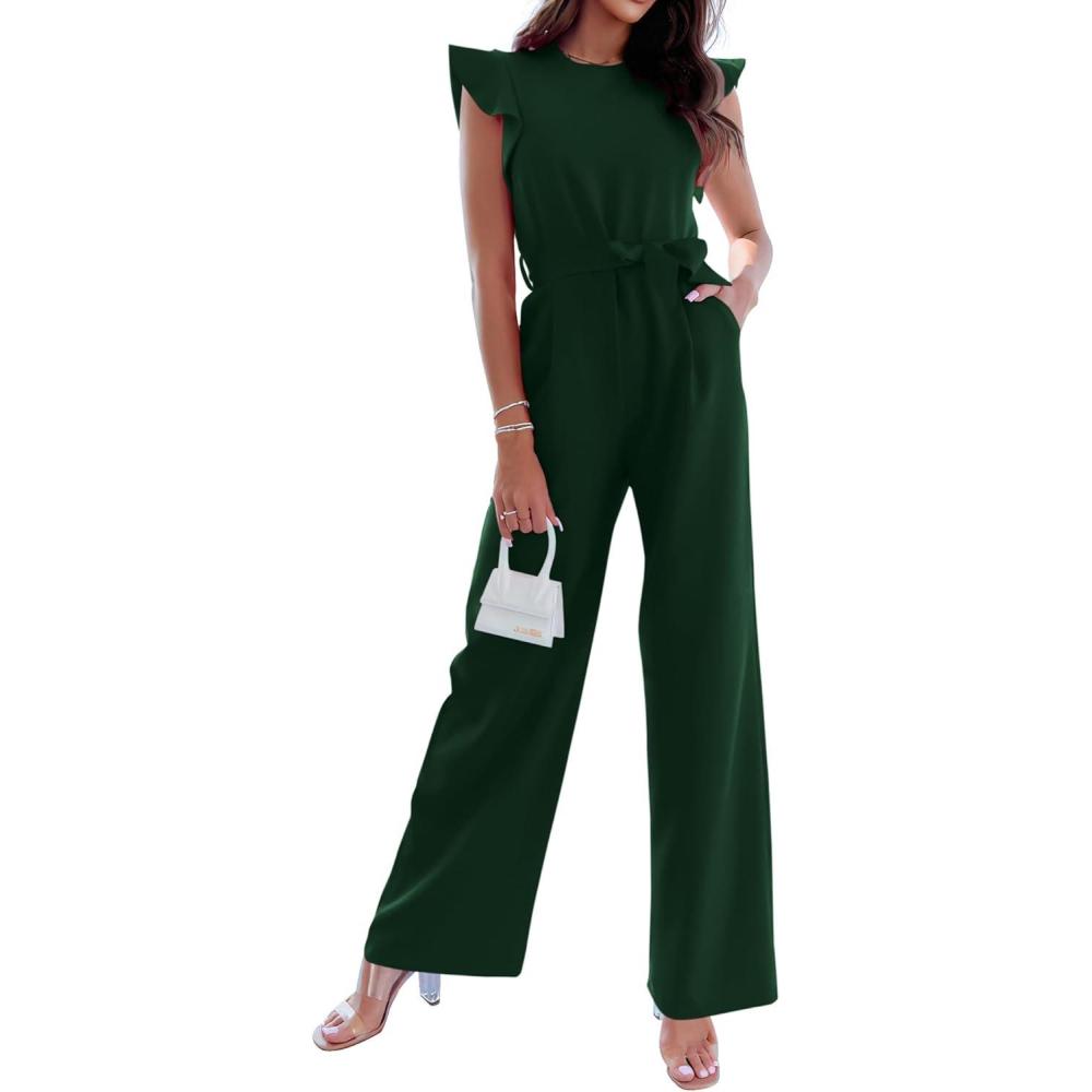 imageBTFBM Women Jumpsuits Crew Neck Ruffle Cap Sleeve Belted High Waist Wide Leg Romper with Pockets One Piece Casual OutfitsDark Green