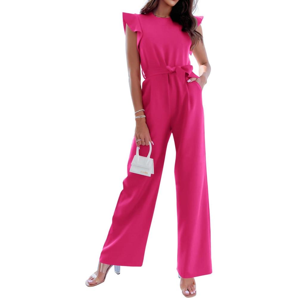 imageBTFBM Women Jumpsuits Crew Neck Ruffle Cap Sleeve Belted High Waist Wide Leg Romper with Pockets One Piece Casual OutfitsRose Red