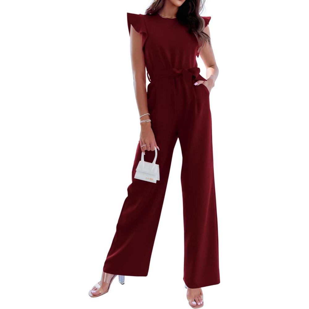 imageBTFBM Women Jumpsuits Crew Neck Ruffle Cap Sleeve Belted High Waist Wide Leg Romper with Pockets One Piece Casual OutfitsWine Red