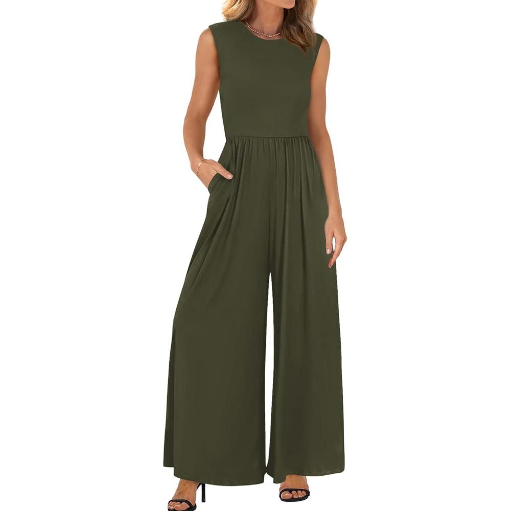 imageBTFBM Womens Casual Jumpsuits Dressy 2025 Summer One Piece Outfits Crew Neck Sleeveless Knit Wide Leg Pants Romper BeachArmy Green