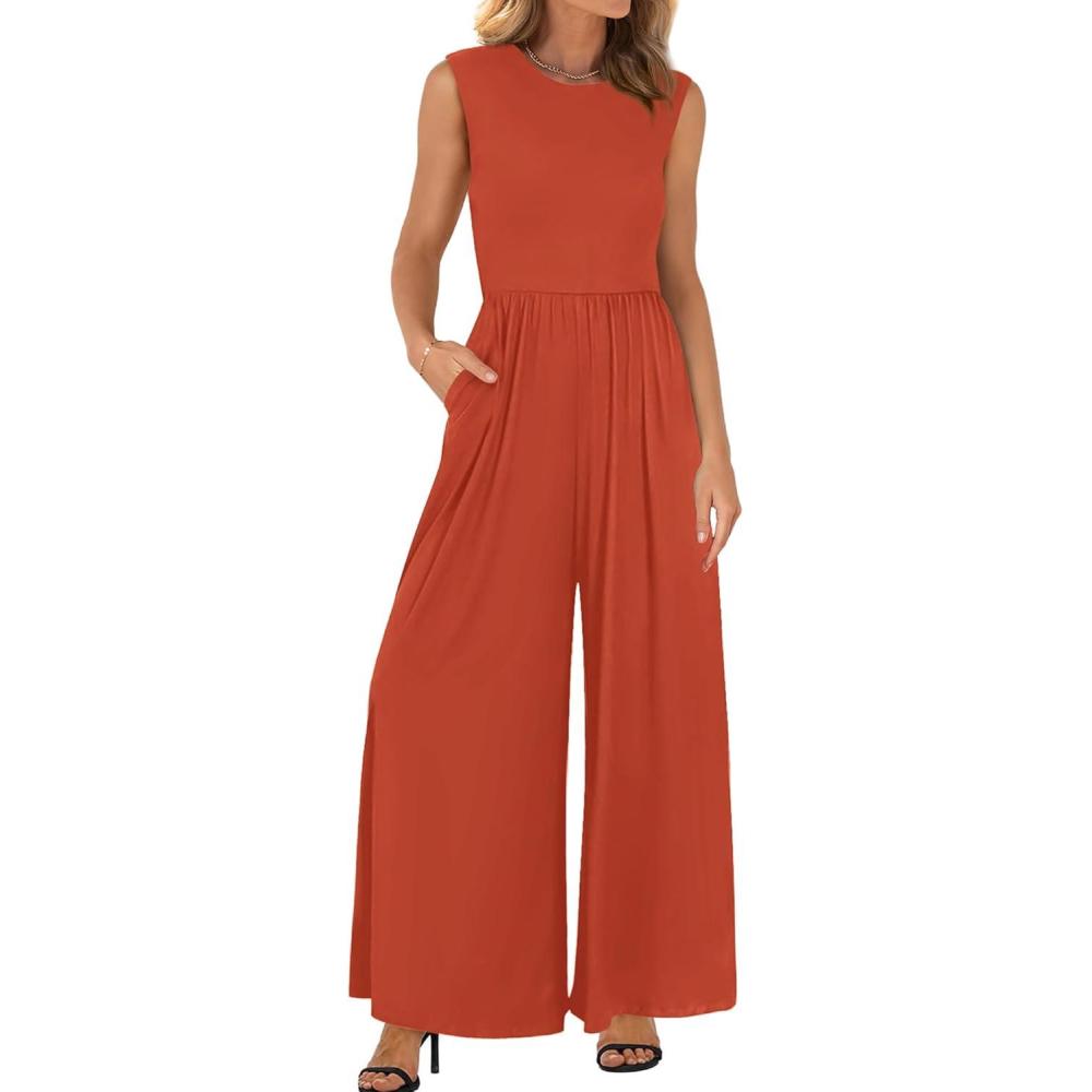 imageBTFBM Womens Casual Jumpsuits Dressy 2025 Summer One Piece Outfits Crew Neck Sleeveless Knit Wide Leg Pants Romper BeachBrick Red