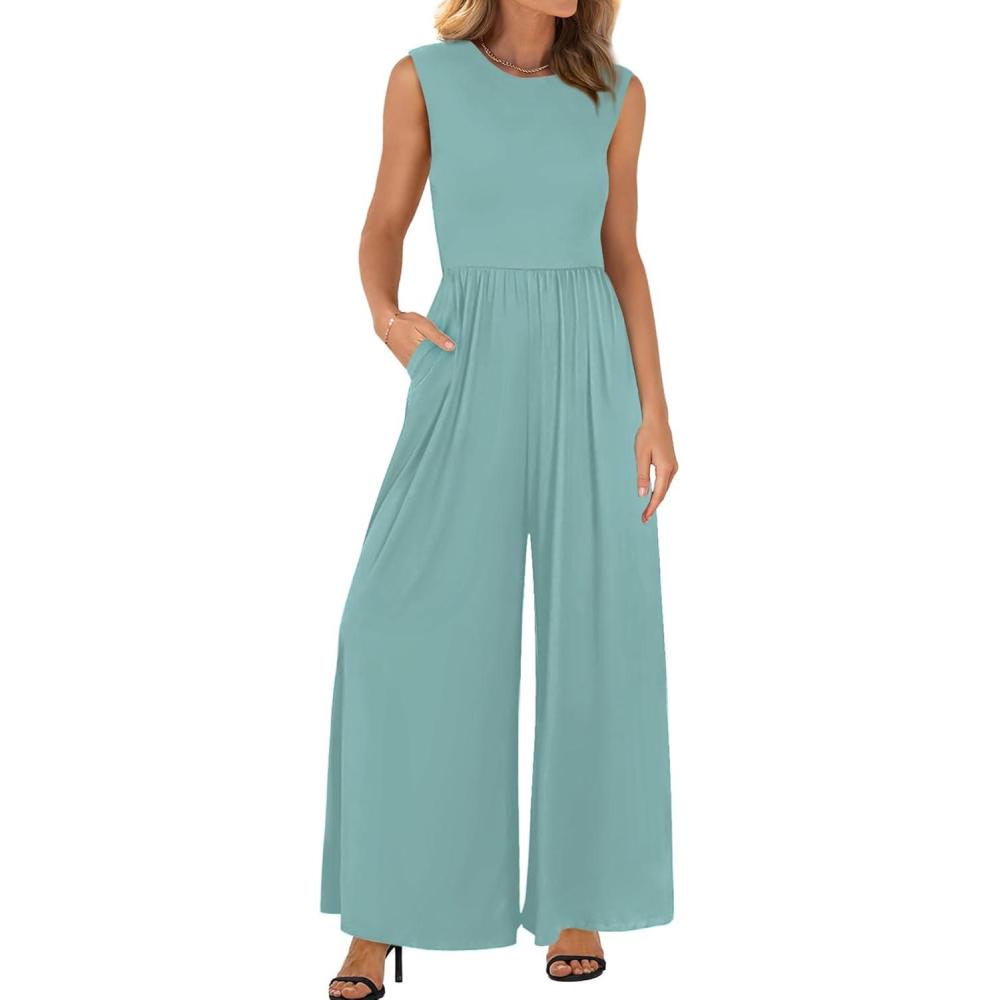 imageBTFBM Womens Casual Jumpsuits Dressy 2025 Summer One Piece Outfits Crew Neck Sleeveless Knit Wide Leg Pants Romper BeachFruit Green