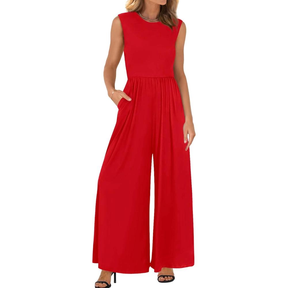 imageBTFBM Womens Casual Jumpsuits Dressy 2025 Summer One Piece Outfits Crew Neck Sleeveless Knit Wide Leg Pants Romper BeachRed