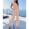 imageBTFBM Women Jumpsuits Crew Neck Ruffle Cap Sleeve Belted High Waist Wide Leg Romper with Pockets One Piece Casual OutfitsApricot