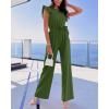 imageBTFBM Women Jumpsuits Crew Neck Ruffle Cap Sleeve Belted High Waist Wide Leg Romper with Pockets One Piece Casual OutfitsArmy Green