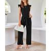 imageBTFBM Women Jumpsuits Crew Neck Ruffle Cap Sleeve Belted High Waist Wide Leg Romper with Pockets One Piece Casual OutfitsBlack