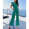 imageBTFBM Women Jumpsuits Crew Neck Ruffle Cap Sleeve Belted High Waist Wide Leg Romper with Pockets One Piece Casual OutfitsBlue Green