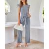 imageBTFBM Women Jumpsuits Crew Neck Ruffle Cap Sleeve Belted High Waist Wide Leg Romper with Pockets One Piece Casual OutfitsGrey