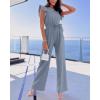 imageBTFBM Women Jumpsuits Crew Neck Ruffle Cap Sleeve Belted High Waist Wide Leg Romper with Pockets One Piece Casual OutfitsGrey