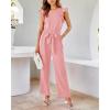 imageBTFBM Women Jumpsuits Crew Neck Ruffle Cap Sleeve Belted High Waist Wide Leg Romper with Pockets One Piece Casual OutfitsPink
