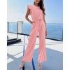 imageBTFBM Women Jumpsuits Crew Neck Ruffle Cap Sleeve Belted High Waist Wide Leg Romper with Pockets One Piece Casual OutfitsPink