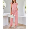 imageBTFBM Women Jumpsuits Crew Neck Ruffle Cap Sleeve Belted High Waist Wide Leg Romper with Pockets One Piece Casual OutfitsPink