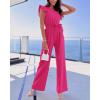 imageBTFBM Women Jumpsuits Crew Neck Ruffle Cap Sleeve Belted High Waist Wide Leg Romper with Pockets One Piece Casual OutfitsRose Red