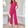 imageBTFBM Women Jumpsuits Crew Neck Ruffle Cap Sleeve Belted High Waist Wide Leg Romper with Pockets One Piece Casual OutfitsRose Red