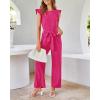 imageBTFBM Women Jumpsuits Crew Neck Ruffle Cap Sleeve Belted High Waist Wide Leg Romper with Pockets One Piece Casual OutfitsRose Red