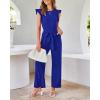 imageBTFBM Women Jumpsuits Crew Neck Ruffle Cap Sleeve Belted High Waist Wide Leg Romper with Pockets One Piece Casual OutfitsRoyal Blue