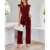 imageBTFBM Women Jumpsuits Crew Neck Ruffle Cap Sleeve Belted High Waist Wide Leg Romper with Pockets One Piece Casual OutfitsWine Red