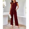 imageBTFBM Women Jumpsuits Crew Neck Ruffle Cap Sleeve Belted High Waist Wide Leg Romper with Pockets One Piece Casual OutfitsWine Red
