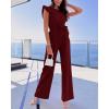 imageBTFBM Women Jumpsuits Crew Neck Ruffle Cap Sleeve Belted High Waist Wide Leg Romper with Pockets One Piece Casual OutfitsWine Red