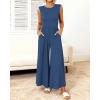imageBTFBM Womens Casual Jumpsuits Dressy 2025 Summer One Piece Outfits Crew Neck Sleeveless Knit Wide Leg Pants Romper BeachDenim Blue
