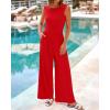 imageBTFBM Womens Casual Jumpsuits Dressy 2025 Summer One Piece Outfits Crew Neck Sleeveless Knit Wide Leg Pants Romper BeachRed
