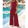 imageBTFBM Womens Casual Jumpsuits Dressy 2025 Summer One Piece Outfits Crew Neck Sleeveless Knit Wide Leg Pants Romper BeachWine Red