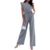 imageBTFBM Women Jumpsuits Crew Neck Ruffle Cap Sleeve Belted High Waist Wide Leg Romper with Pockets One Piece Casual OutfitsGrey