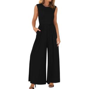 imageBTFBM Womens Casual Jumpsuits Dressy 2025 Summer One Piece Outfits Crew Neck Sleeveless Knit Wide Leg Pants Romper BeachBlack