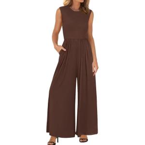 imageBTFBM Womens Casual Jumpsuits Dressy 2025 Summer One Piece Outfits Crew Neck Sleeveless Knit Wide Leg Pants Romper BeachCoffee