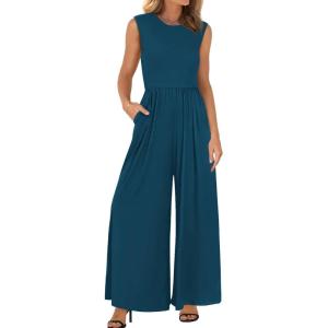 imageBTFBM Womens Casual Jumpsuits Dressy 2025 Summer One Piece Outfits Crew Neck Sleeveless Knit Wide Leg Pants Romper BeachDark Blue