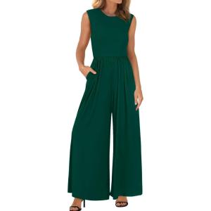 imageBTFBM Womens Casual Jumpsuits Dressy 2025 Summer One Piece Outfits Crew Neck Sleeveless Knit Wide Leg Pants Romper BeachDark Green