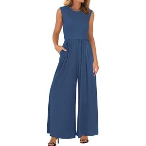 imageBTFBM Womens Casual Jumpsuits Dressy 2025 Summer One Piece Outfits Crew Neck Sleeveless Knit Wide Leg Pants Romper BeachDenim Blue