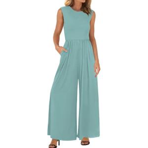 imageBTFBM Womens Casual Jumpsuits Dressy 2025 Summer One Piece Outfits Crew Neck Sleeveless Knit Wide Leg Pants Romper BeachFruit Green