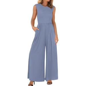 imageBTFBM Womens Casual Jumpsuits Dressy 2025 Summer One Piece Outfits Crew Neck Sleeveless Knit Wide Leg Pants Romper BeachGrey Blue