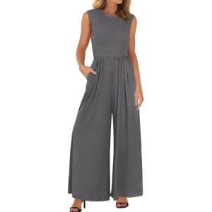 imageBTFBM Womens Casual Jumpsuits Dressy 2025 Summer One Piece Outfits Crew Neck Sleeveless Knit Wide Leg Pants Romper BeachMid Grey
