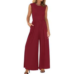 imageBTFBM Womens Casual Jumpsuits Dressy 2025 Summer One Piece Outfits Crew Neck Sleeveless Knit Wide Leg Pants Romper BeachWine Red