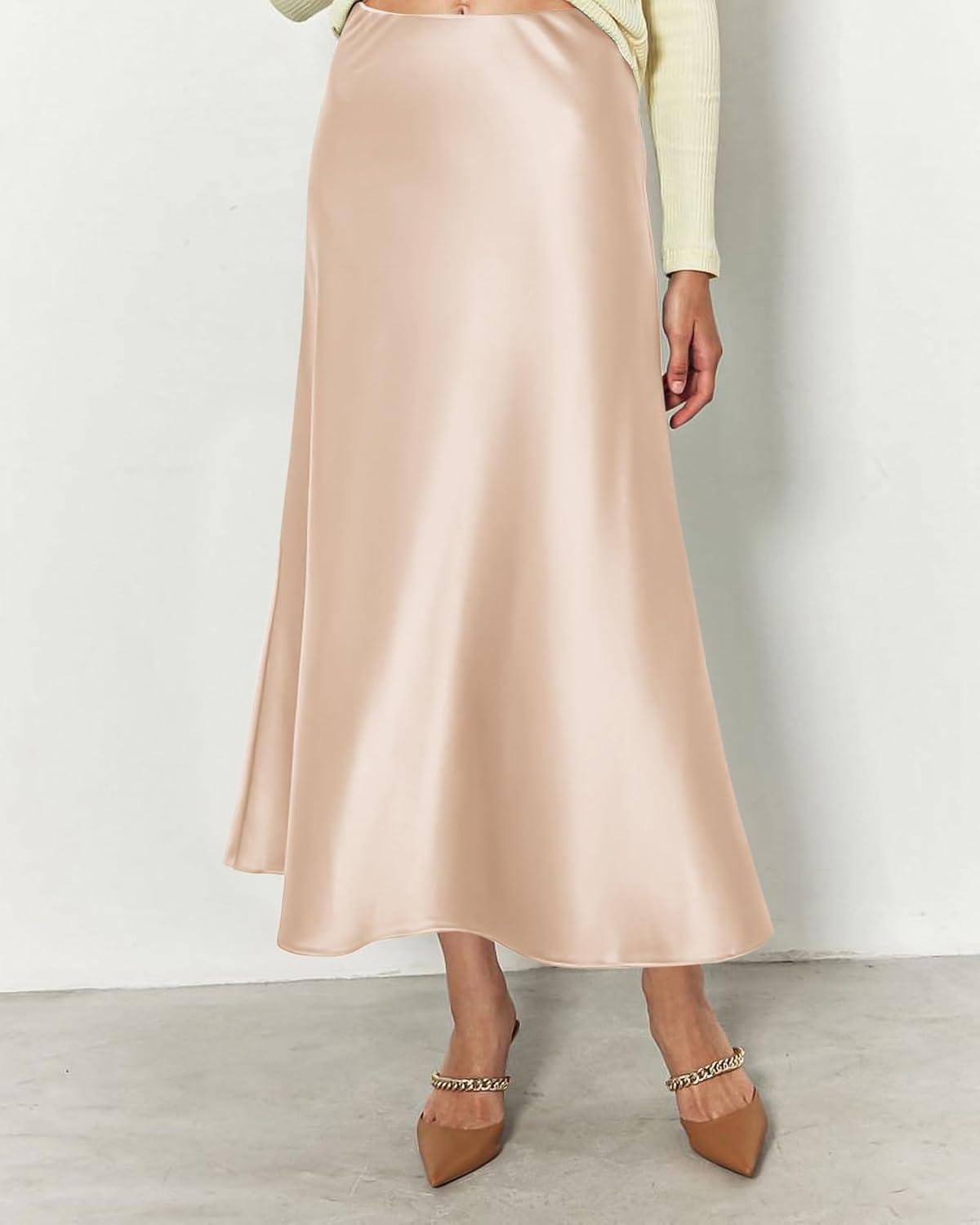 imageBTFBM 2025 Womens Summer Fall Long Satin Skirt Silk Elegant High Waist Cocktail Party Wedding Flowy ALine Midi SkirtsBeige