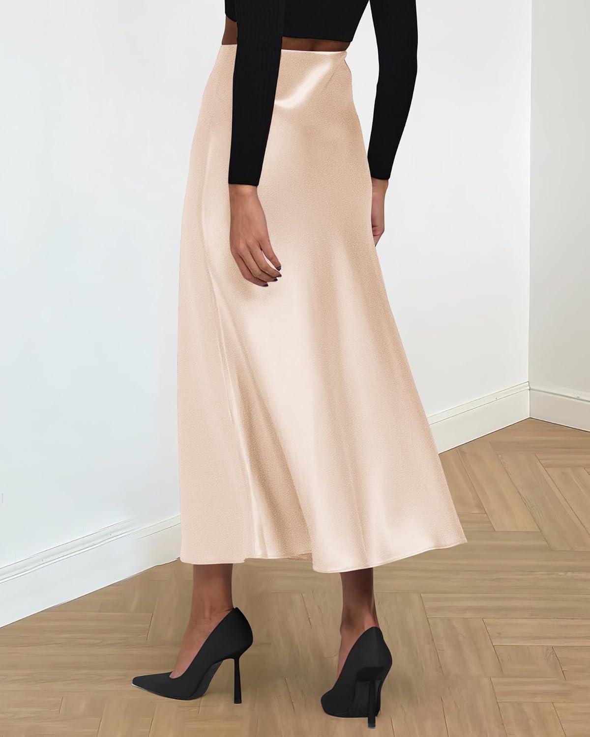 imageBTFBM 2025 Womens Summer Fall Long Satin Skirt Silk Elegant High Waist Cocktail Party Wedding Flowy ALine Midi SkirtsBeige