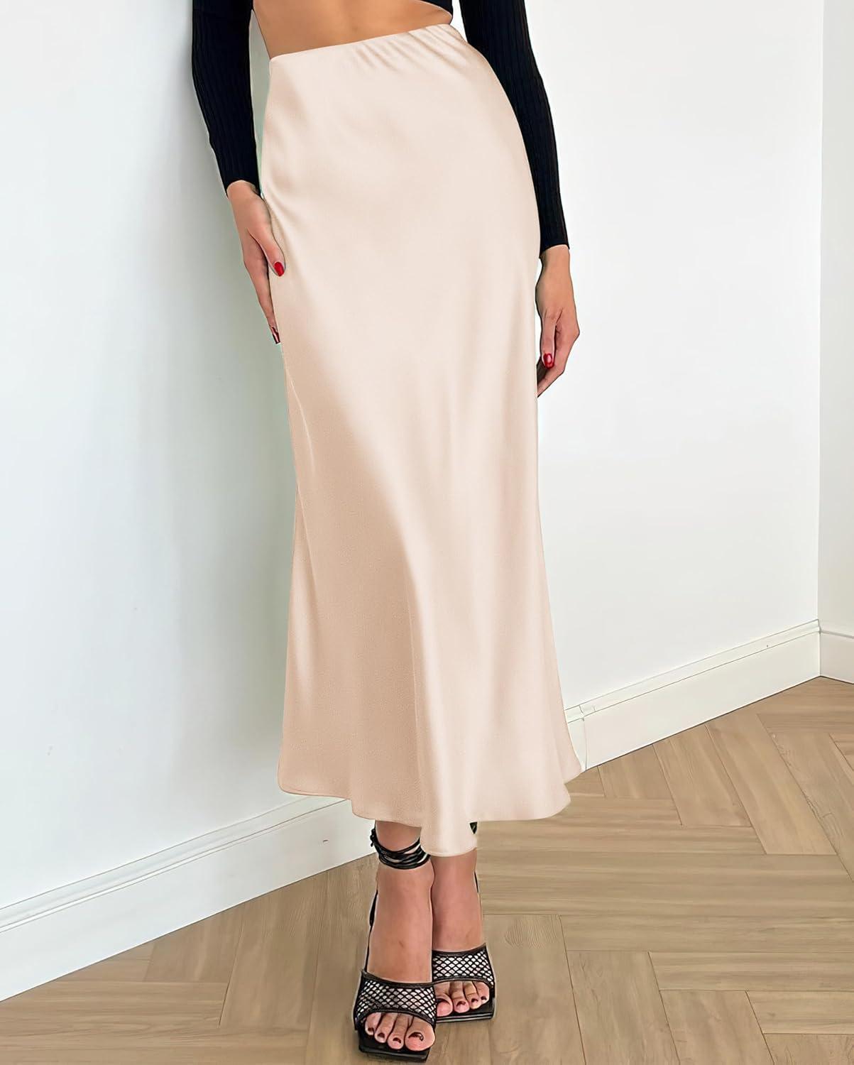 imageBTFBM 2025 Womens Summer Fall Long Satin Skirt Silk Elegant High Waist Cocktail Party Wedding Flowy ALine Midi SkirtsBeige