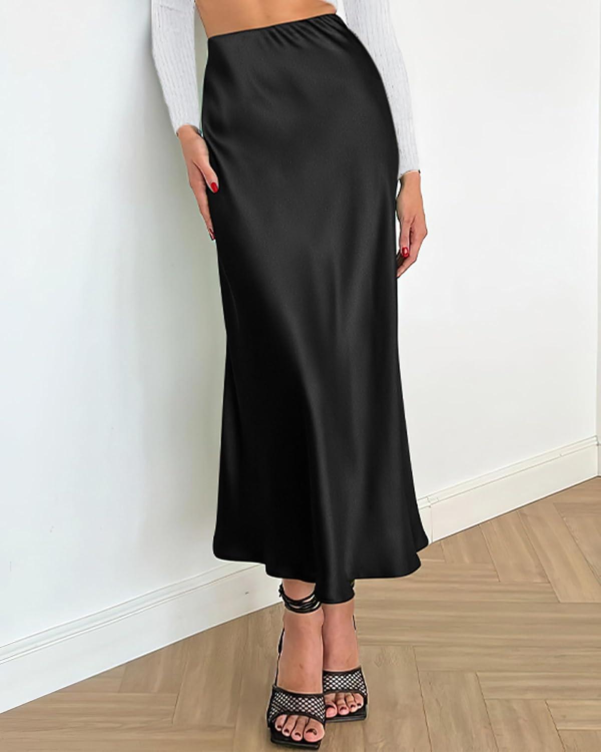 imageBTFBM 2025 Womens Summer Fall Long Satin Skirt Silk Elegant High Waist Cocktail Party Wedding Flowy ALine Midi SkirtsBlack