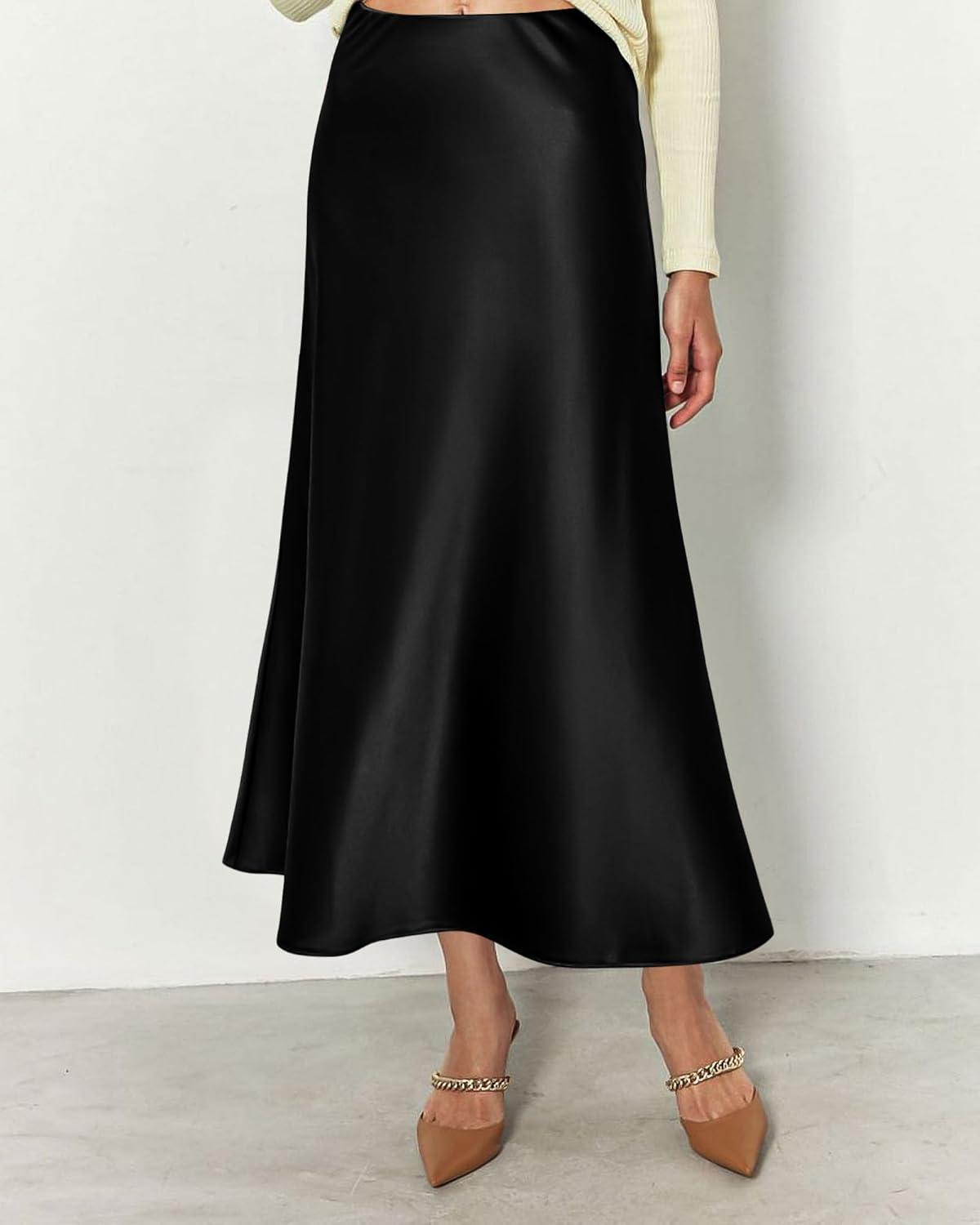 imageBTFBM 2025 Womens Summer Fall Long Satin Skirt Silk Elegant High Waist Cocktail Party Wedding Flowy ALine Midi SkirtsBlack