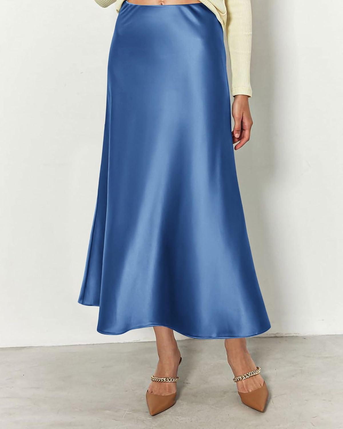imageBTFBM 2025 Womens Summer Fall Long Satin Skirt Silk Elegant High Waist Cocktail Party Wedding Flowy ALine Midi SkirtsBlue