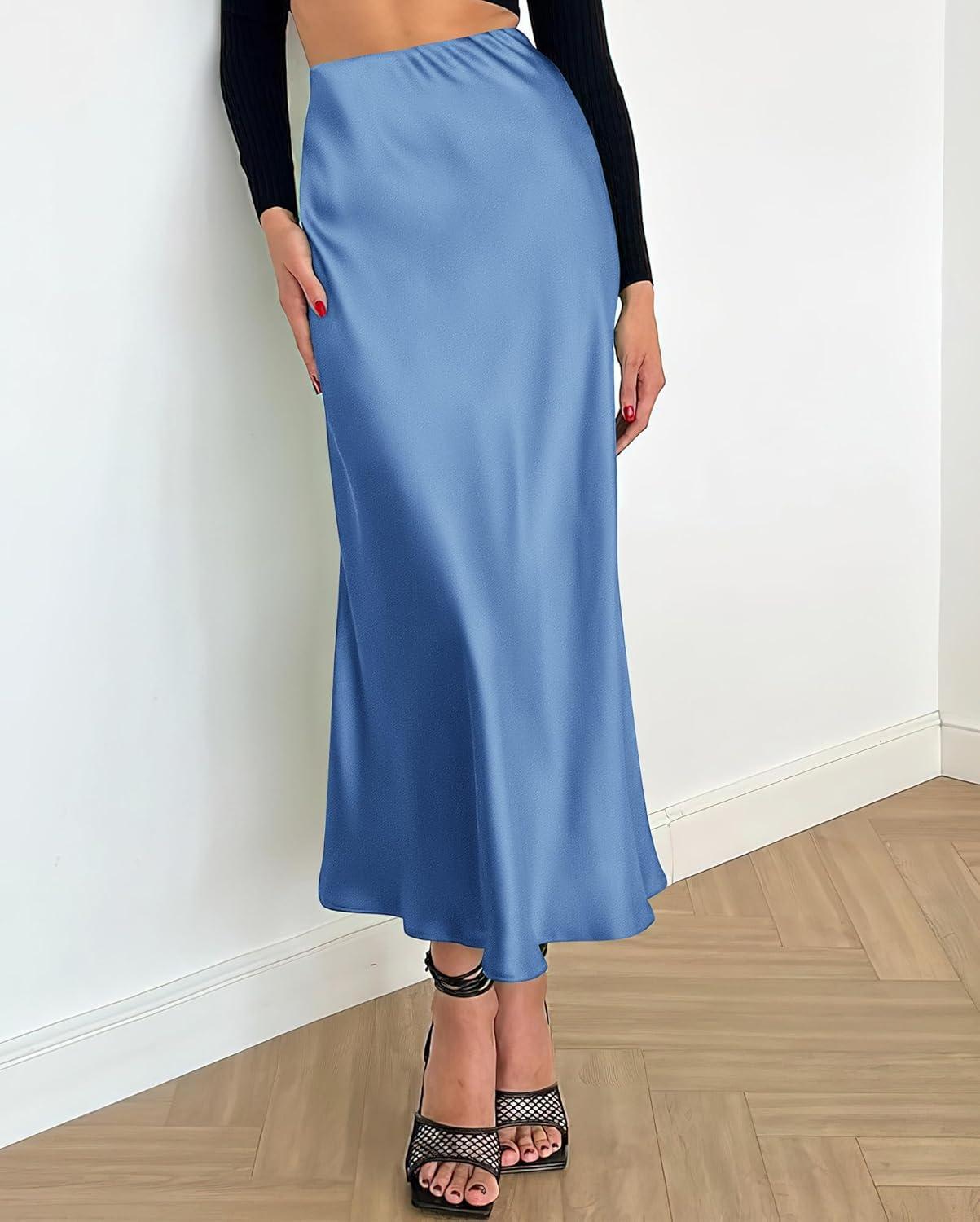 imageBTFBM 2025 Womens Summer Fall Long Satin Skirt Silk Elegant High Waist Cocktail Party Wedding Flowy ALine Midi SkirtsBlue