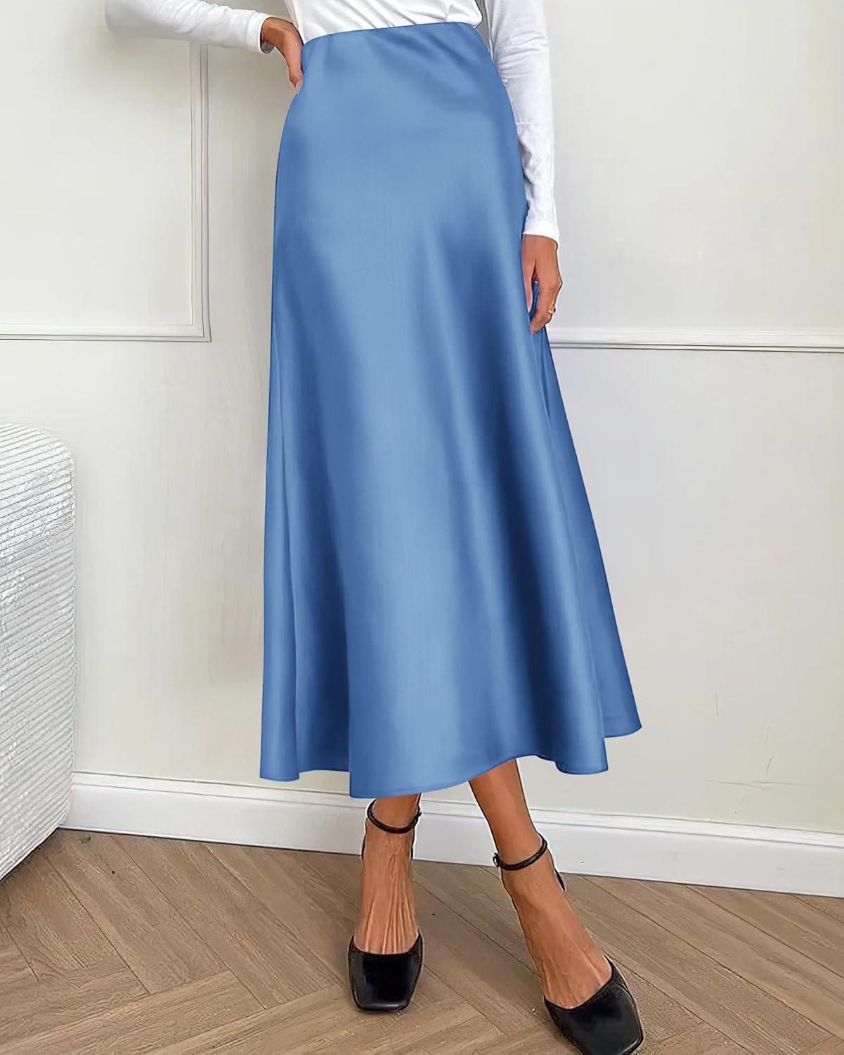 imageBTFBM 2025 Womens Summer Fall Long Satin Skirt Silk Elegant High Waist Cocktail Party Wedding Flowy ALine Midi SkirtsBlue