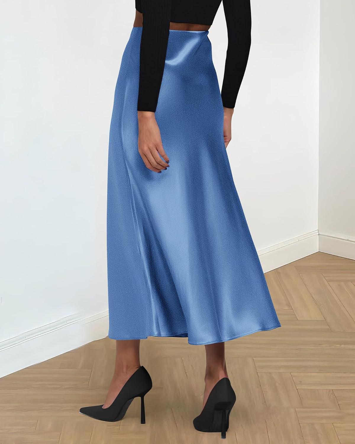 imageBTFBM 2025 Womens Summer Fall Long Satin Skirt Silk Elegant High Waist Cocktail Party Wedding Flowy ALine Midi SkirtsBlue