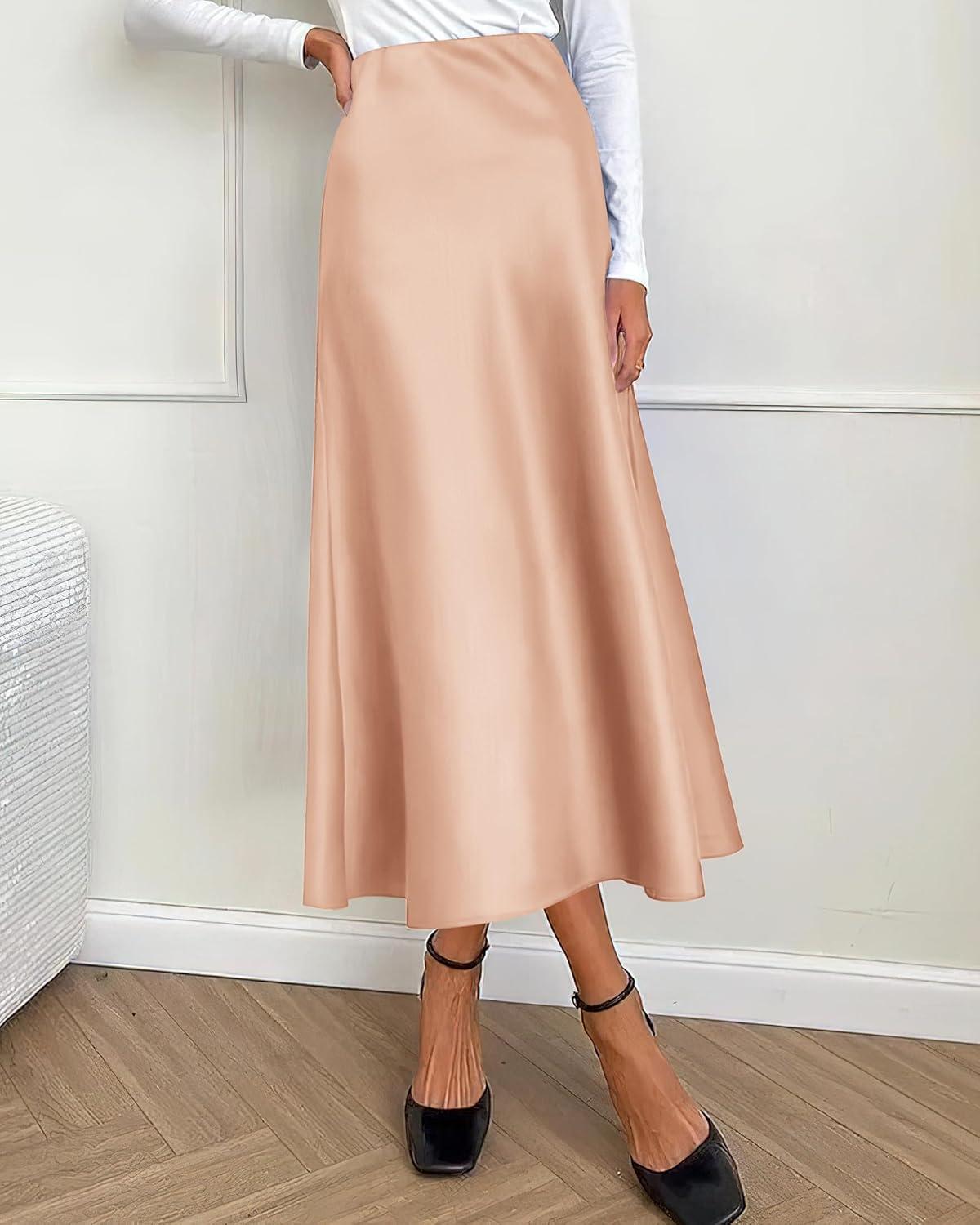 imageBTFBM 2025 Womens Summer Fall Long Satin Skirt Silk Elegant High Waist Cocktail Party Wedding Flowy ALine Midi SkirtsChampagne