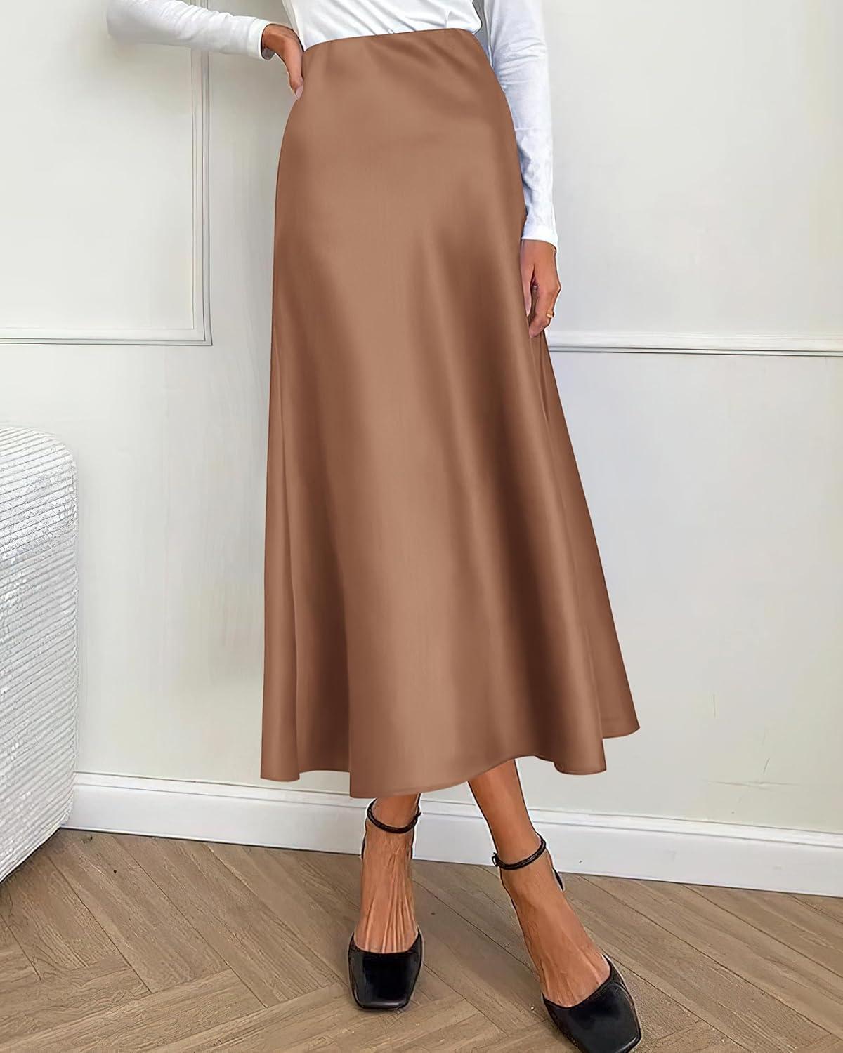 imageBTFBM 2025 Womens Summer Fall Long Satin Skirt Silk Elegant High Waist Cocktail Party Wedding Flowy ALine Midi SkirtsCoffee